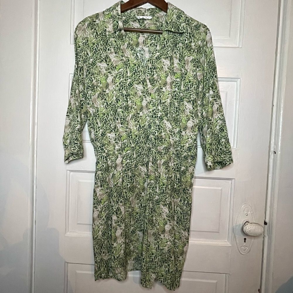 Cabi Womens Green Leaf Print 3/4 Sleeve V Neck Faux Wrap Dress